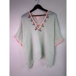 Mint Green Poncho Tunic Top Boho Beach Vacation PoolsideCover Up Tassel One Size